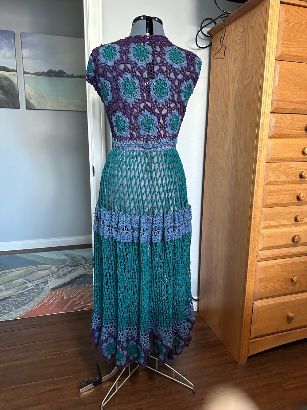 Handmade Crochet Teal, Blue & Purple Maxi Dress. - Picture 2 of 5